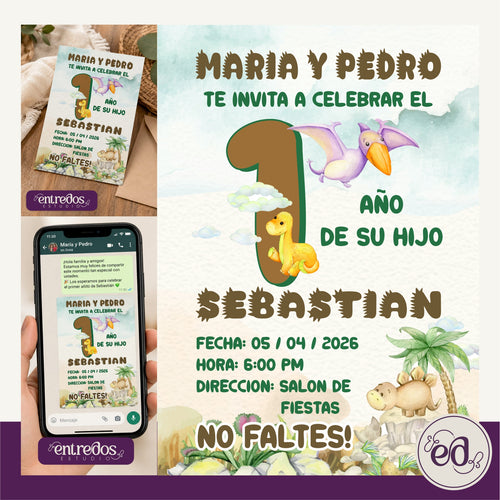 Invitación Digital Editable DINO BABY para 1 Año