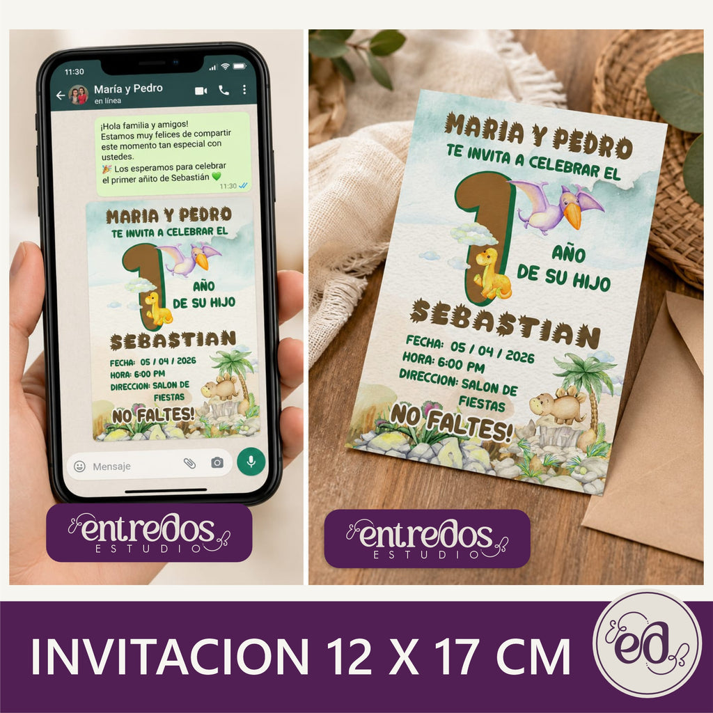 Invitación Digital Editable DINO BABY para 1 Año